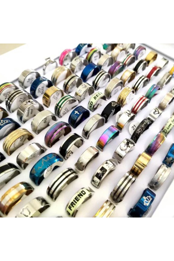 50Pieces Wholesale Bulk Lot Men Women Color & Design Mix Stainless Steel Rings