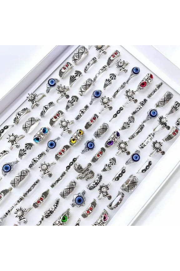 50pcs Antique Silver Charm Rings For Women Eyes Animal Girls Vintage Party Rings