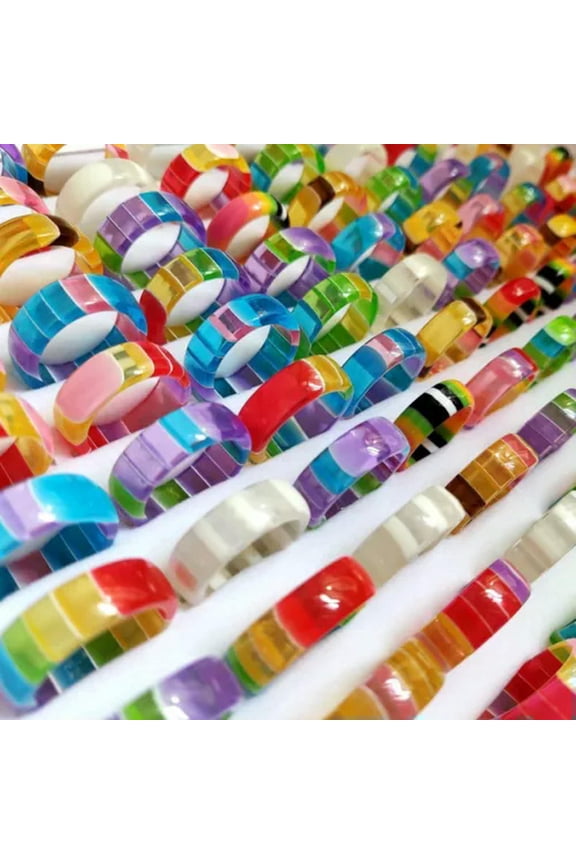 50pcs Charm Cute Resin Ring For Women Acrylic Sweet Rings Colorful Party Jewelry
