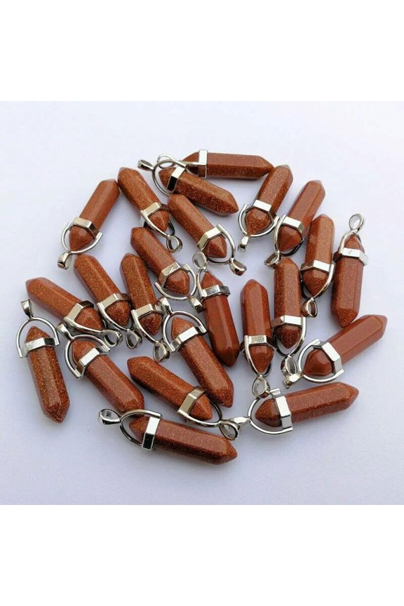 50pcs Gold Sand Stone Charm Hexagonal Pointed Healing Reiki Chakra Pendants Bead