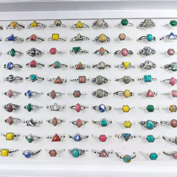 HOOUN 50pcs Inspired Jewelry Wholesale Mixed Turquoise Ring Jewelry Bulk-Silver