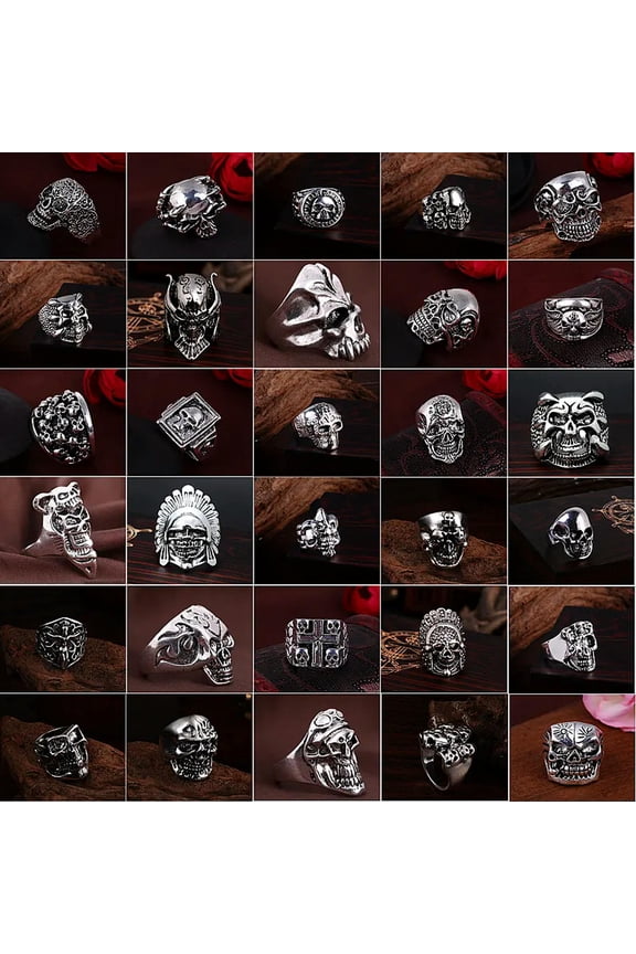 50pcs Lot Vintage Skull Skeleton Jewelry Rings Punk Mixed Style Rings For Man