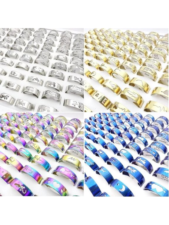 50pcs Mix Color Stainless Band Rings Laser Cut Patterns Fashion Size 17-21mm