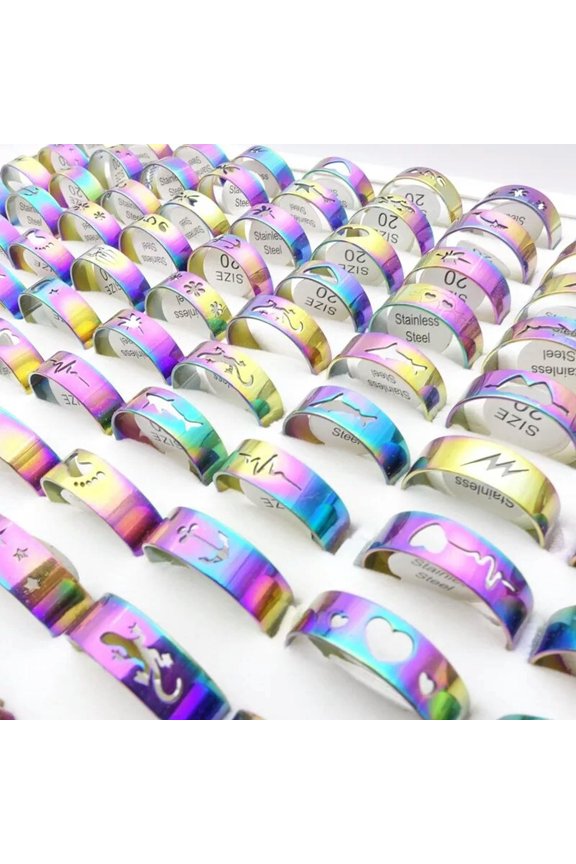 50pcs Multicol Stainless Band Rings Laser Cut Patterns Fashion Size 17-21mm