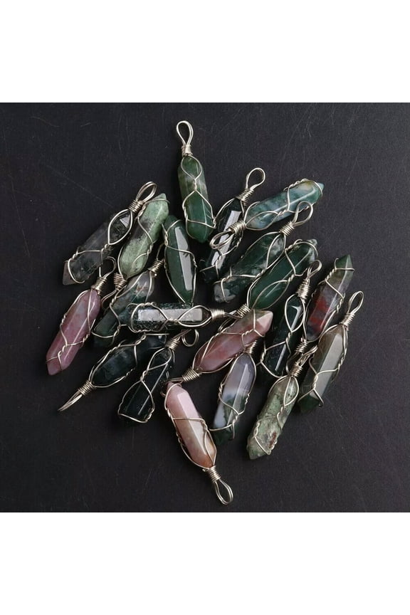 50pcs Natural Indian Agate Stone Pillar Handmade Silver Iron Wire Pendants