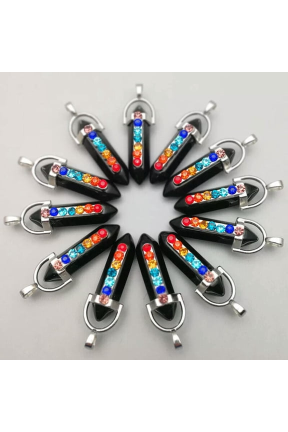 50pcs Natural Obsidian Stone Hexagonal Pointed 7 Color Reiki Chakra Pendant DIY