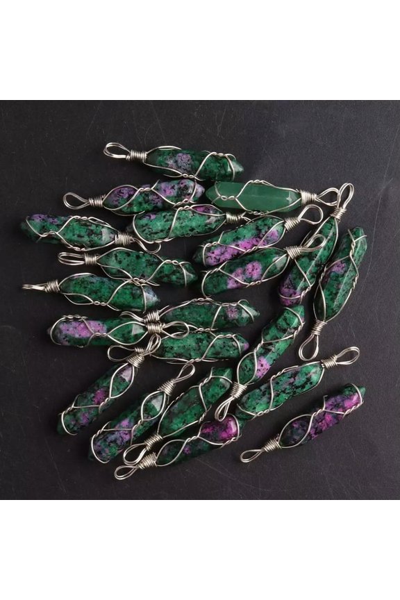 50pcs Natural Ruby In Fuchsite Stone Pillar Handmade Silver Iron Wire Pendants