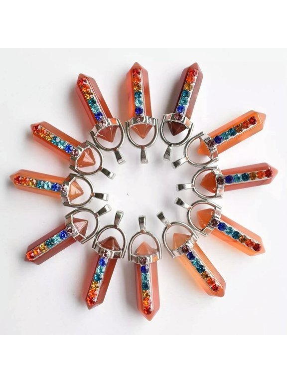 50pcs Natural Stone Red Agate Hexagonal Pointed 7 Color Reiki Chakra Pendant