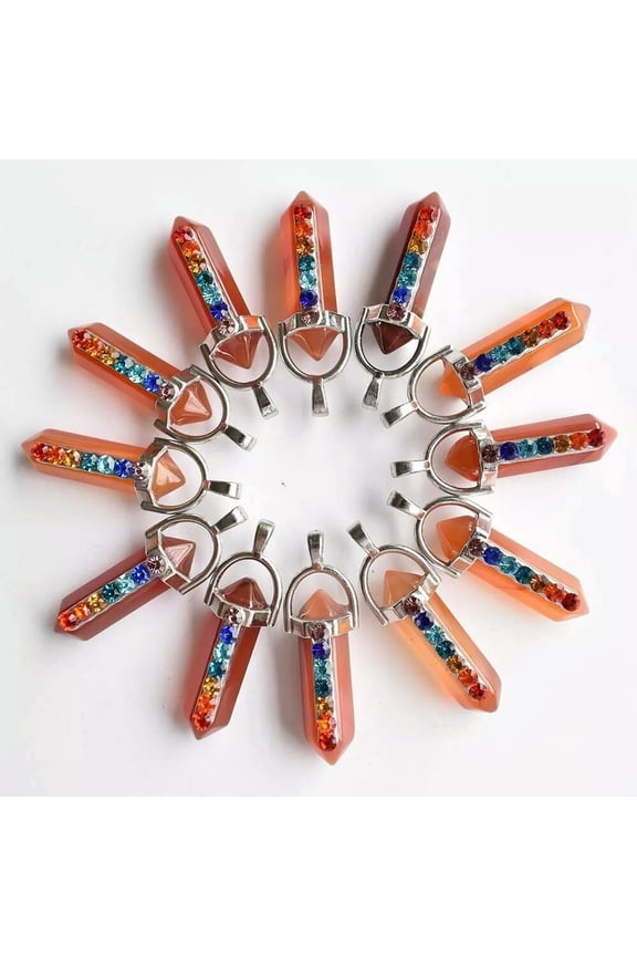 50pcs Natural Stone Red Agate Hexagonal Pointed 7 Color Reiki Chakra Pendant