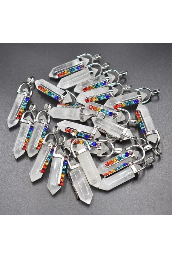 50pcs Natural White Crystal Stone Hexagonal Pointed 7 Color Reiki Chakra Pendant