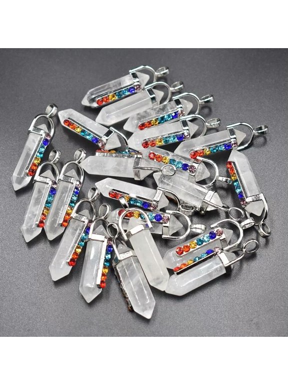 50pcs Natural White Crystal Stone Hexagonal Pointed 7 Color Reiki Chakra Pendant