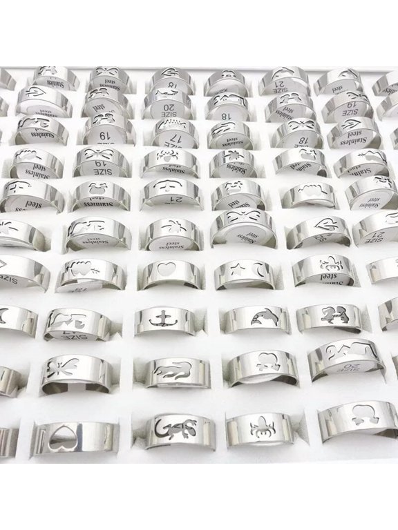 50pcs Silver Stainless Steel Band Rings Laser Cut Patterns Fashion Size 17-21mm