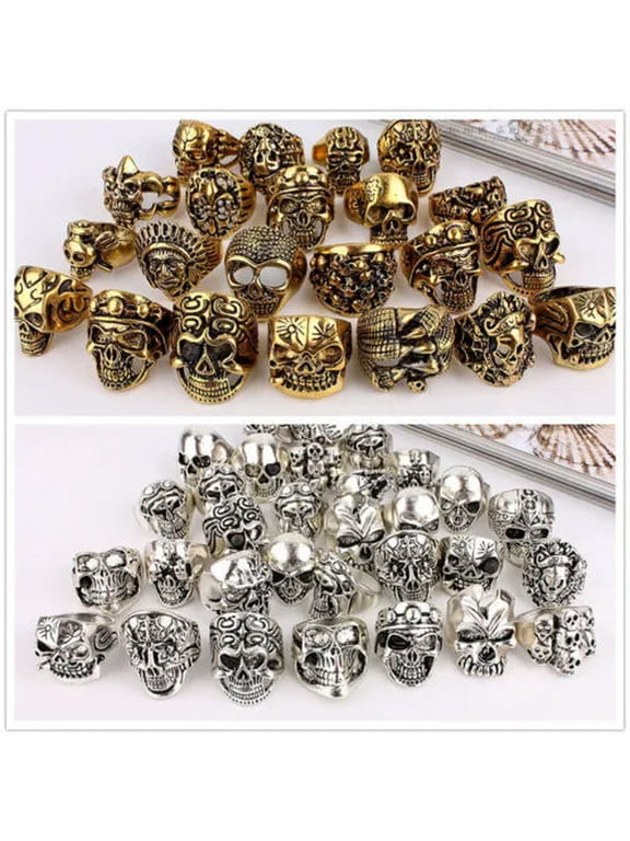 50pcs Skull Gold Silver Antique skeleton Wholesale Men's Gothic Biker Punk Rings