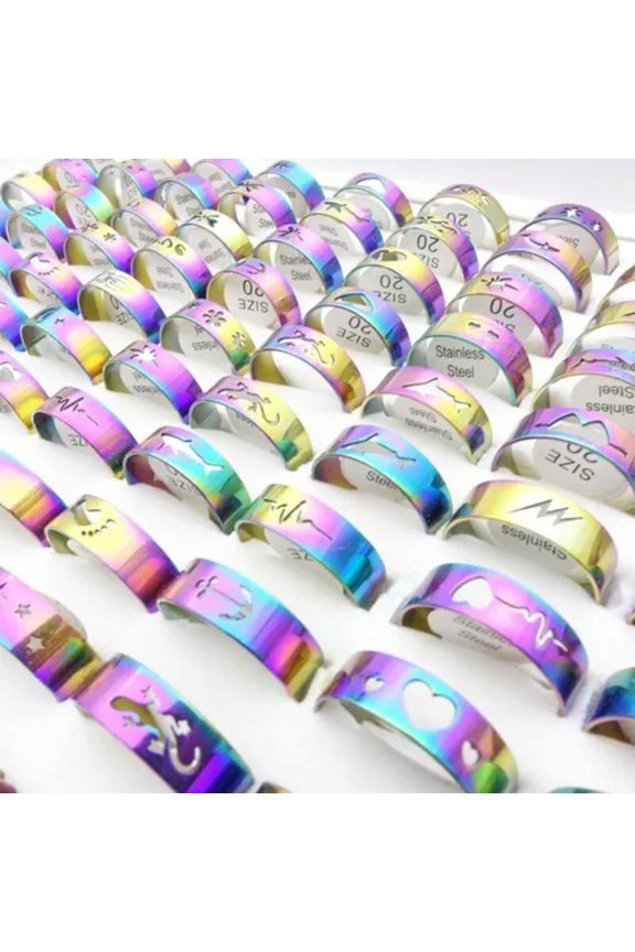 50pcs Stainless Steel Band Rings Mix Laser Cut Patterns Fashion Size 17-21mm-Multicolor