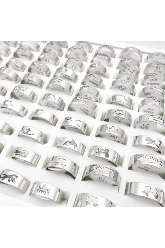 50pcs Stainless Steel Band Rings Mix Laser Cut Patterns Fashion Size 17-21mm-Silver