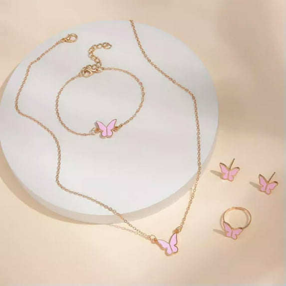 HOOUN 5PCS Fashion Butterfly Pendants Necklace Earrings Ring Bracelet Sets For Women#-Pink