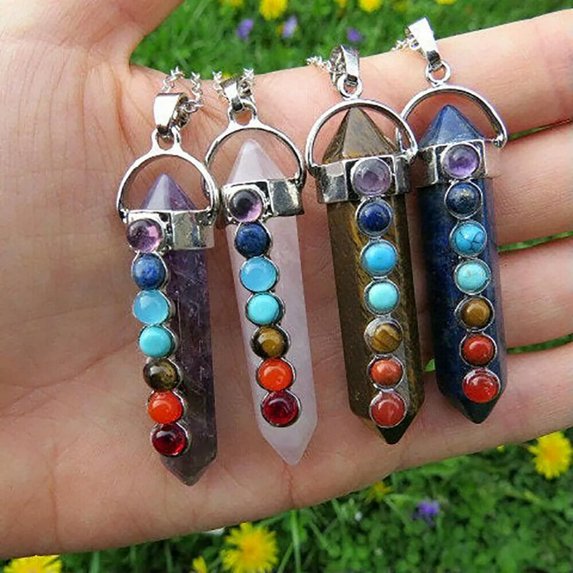 HOOUN 5pcs 7 Chakra Healing Gemstone Necklace Natural Beaded Stone Yoga Reiki Prayer