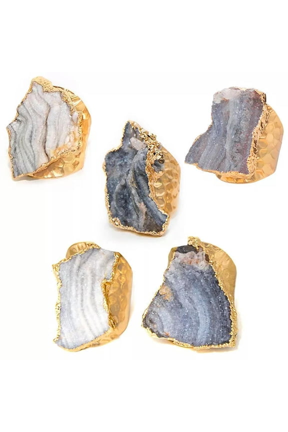 5pcs Agate Druzy Quartz Ring Irregualr Stone Gold Color Finger Adjustable