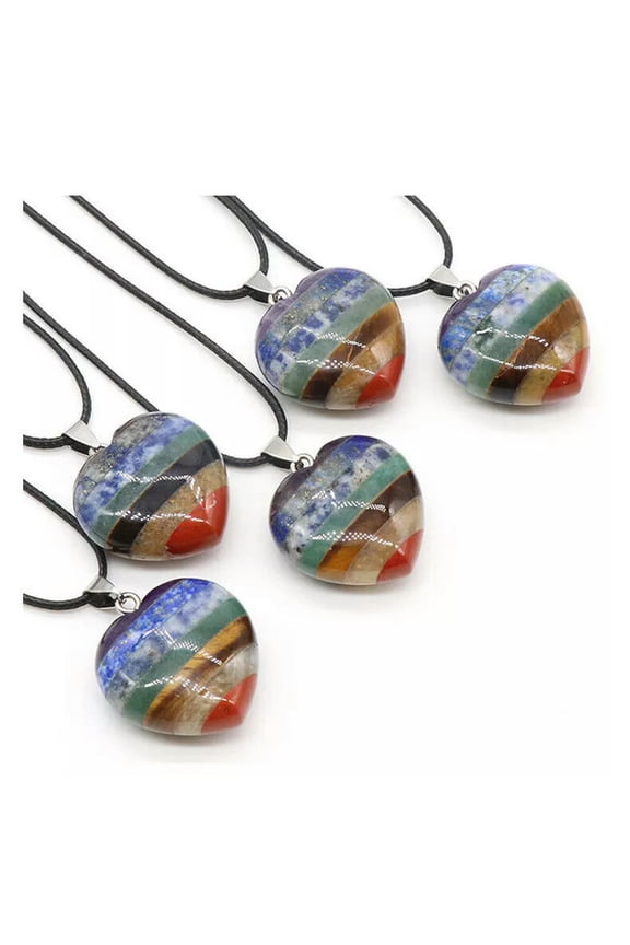 5pcs Natural 7 Chakra Healing Energy Reiki Gemstone Heart Stone Pendant Necklace