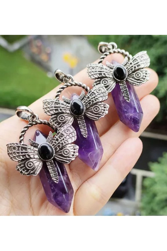 5pcs Natural Amethyst Gems Dragonfly Pendants Magic Reiki Healing Amulet