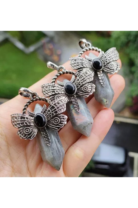 5pcs Natural Labradorite Gems Dragonfly Pendants Magic Reiki Healing Amulet