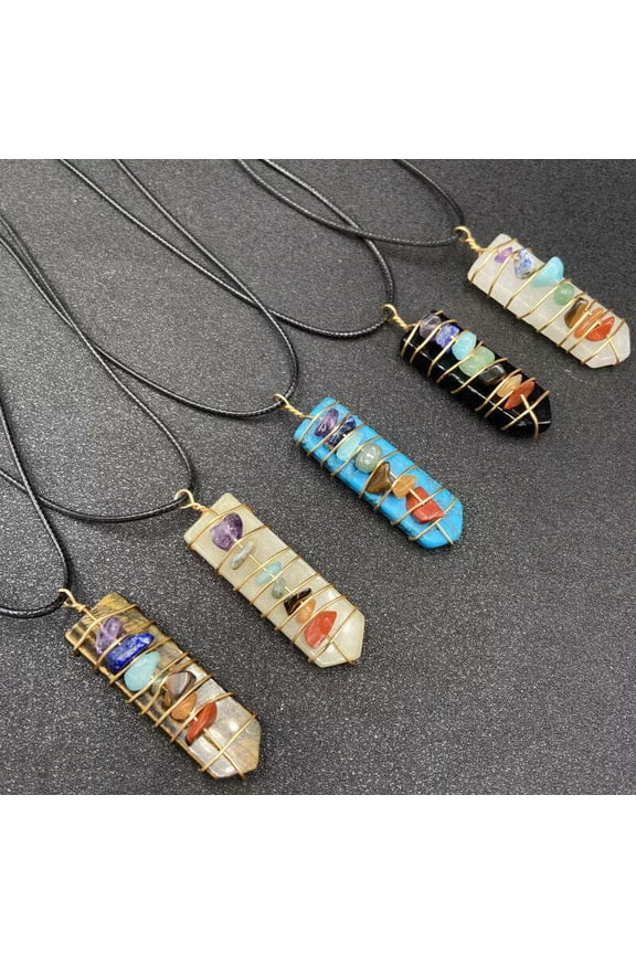 5pcs Natural Mixed Seven Chakras Gold Wound Sword Stone Pendant Necklace Reiki
