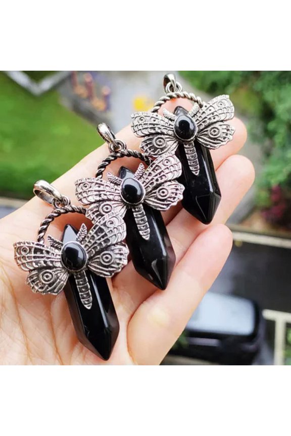 5pcs Natural Obsidian Gems Dragonfly Pendants Magic Reiki Healing Amulet
