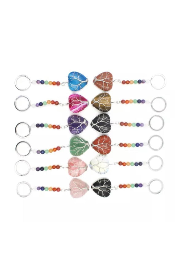 5pcs Natural Stone Key Chain Heart Amethyst Agate Wrap Tree Chain Gemstone Reiki