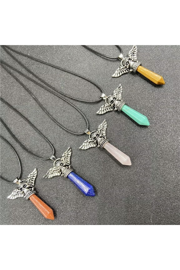 5pcs Natural stone Retro skull Pillar Reiki Chakra Hexagonal Pendant Necklace