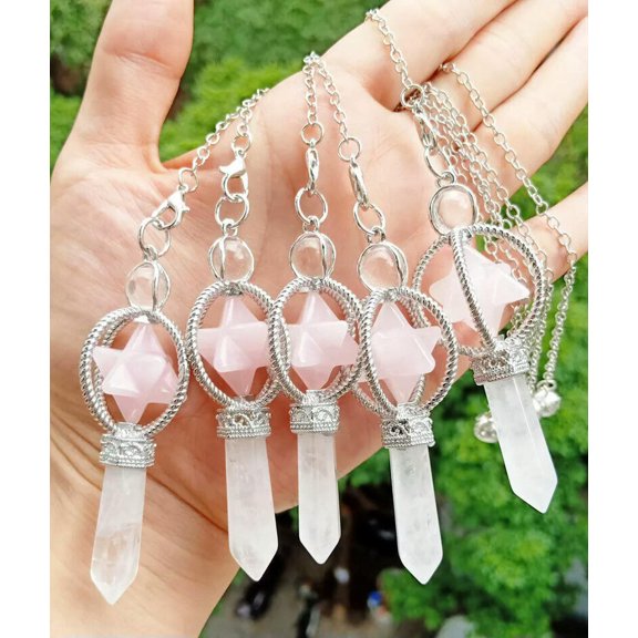 HOOUN 5pcs Rose Quartz stone Mer-Ka-Ba Pendulum Prism Magic Wand Energy Reiki Healing