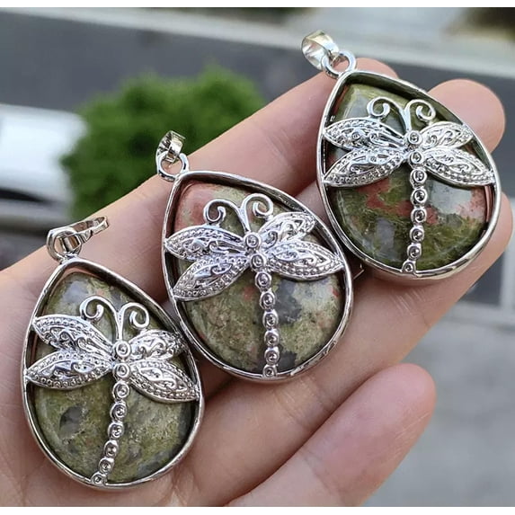 HOOUN 5pcs Unakite Jasper stone Dragonfly Pendants Chakra Reiki Healing Amulet Energy