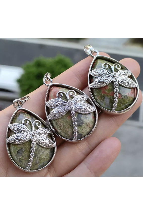 5pcs Unakite Jasper stone Dragonfly Pendants Chakra Reiki Healing Amulet Energy