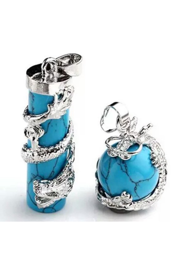 5sets Amethyst Stone Dragon Wrapped Ball Cylinder Gems Healing Crystal Pendants-Blue Turquoise