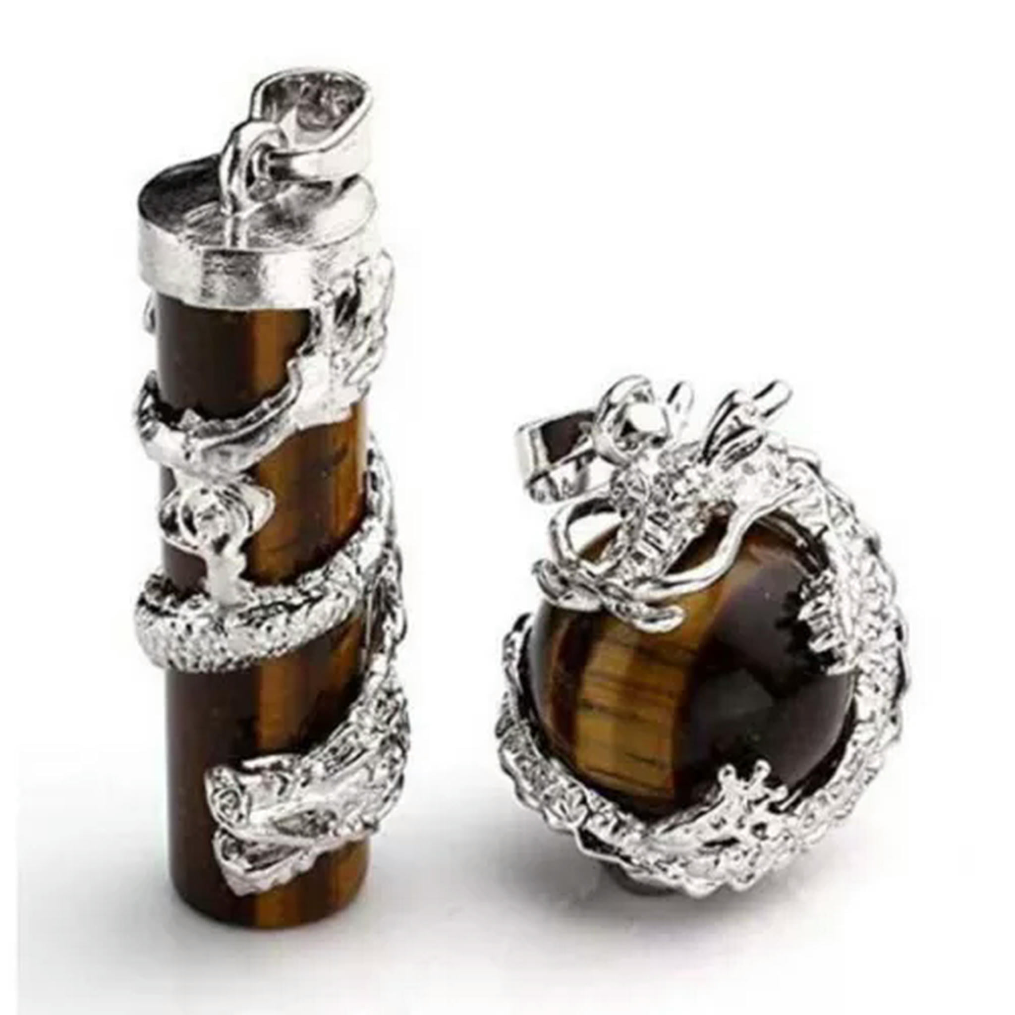HOOUN 5sets Amethyst Stone Dragon Wrapped Ball Cylinder Gems Healing Crystal Pendants-Tiger Eye