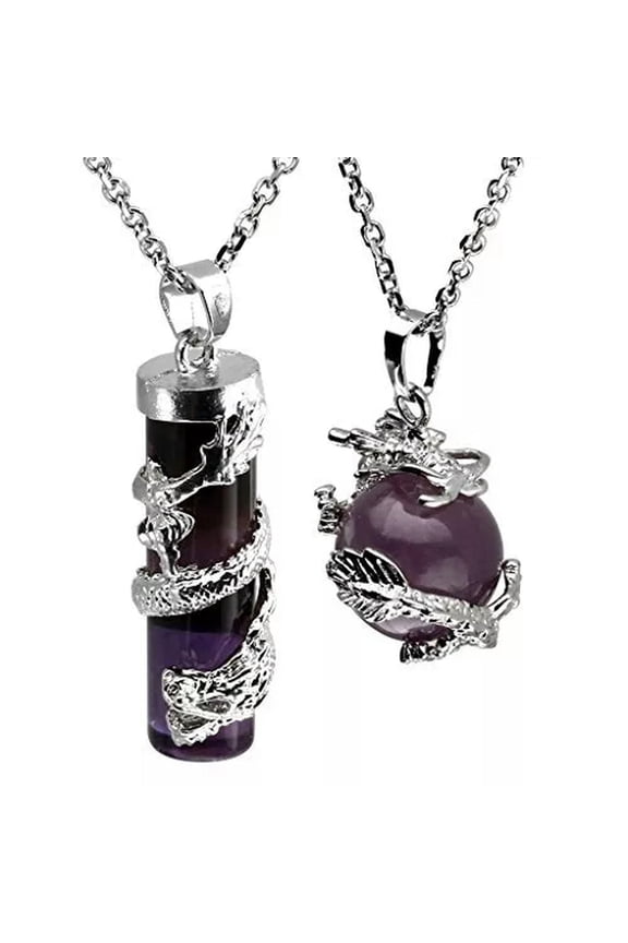 5sets Amethyst Stone Dragon Wrapped Ball Cylinder Gems Healing Pendants Necklace-Amethyst