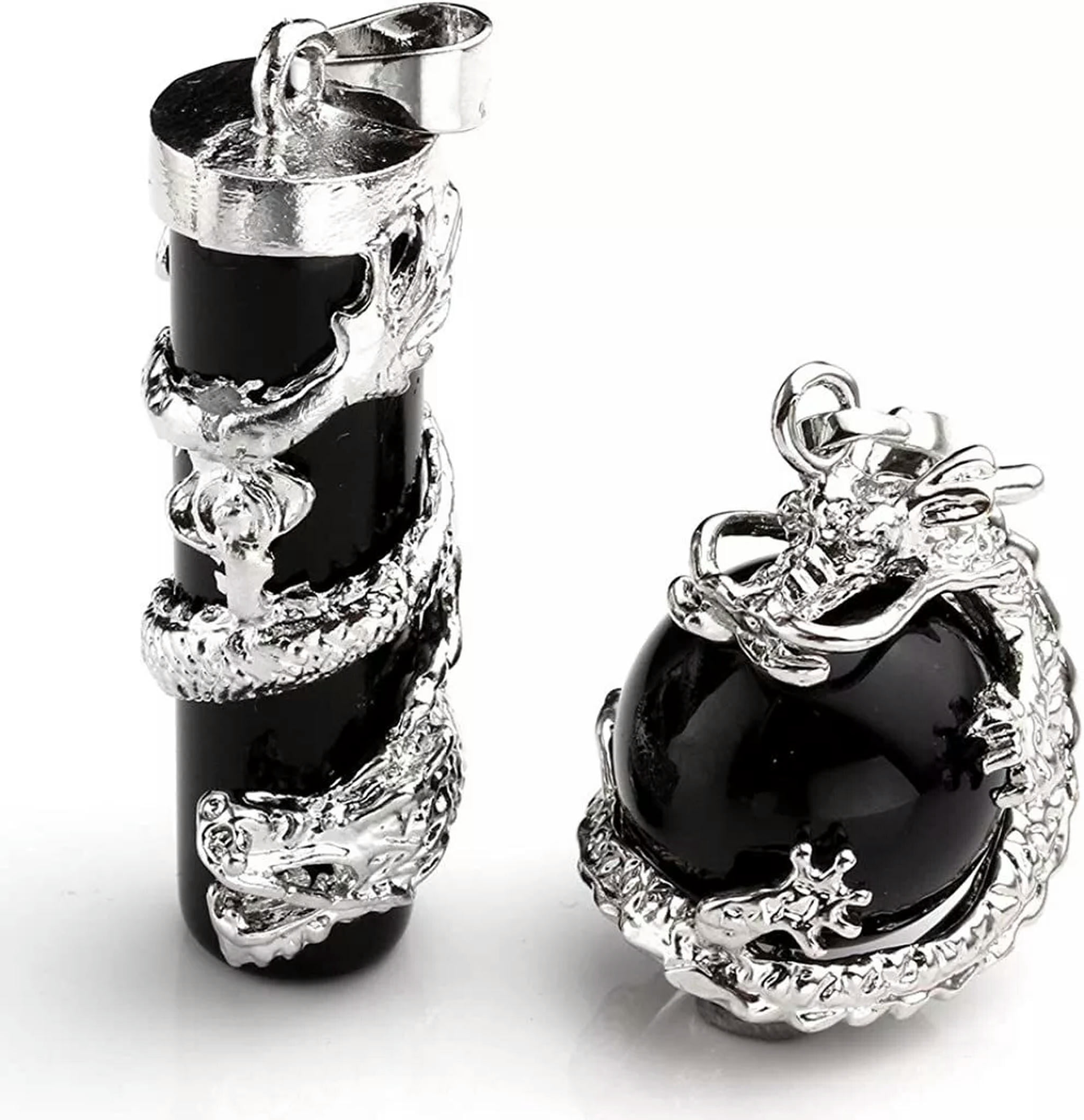 HOOUN 5sets Black Agate Stone Dragon Wrapped Ball Cylinder Gems Healing Pendants