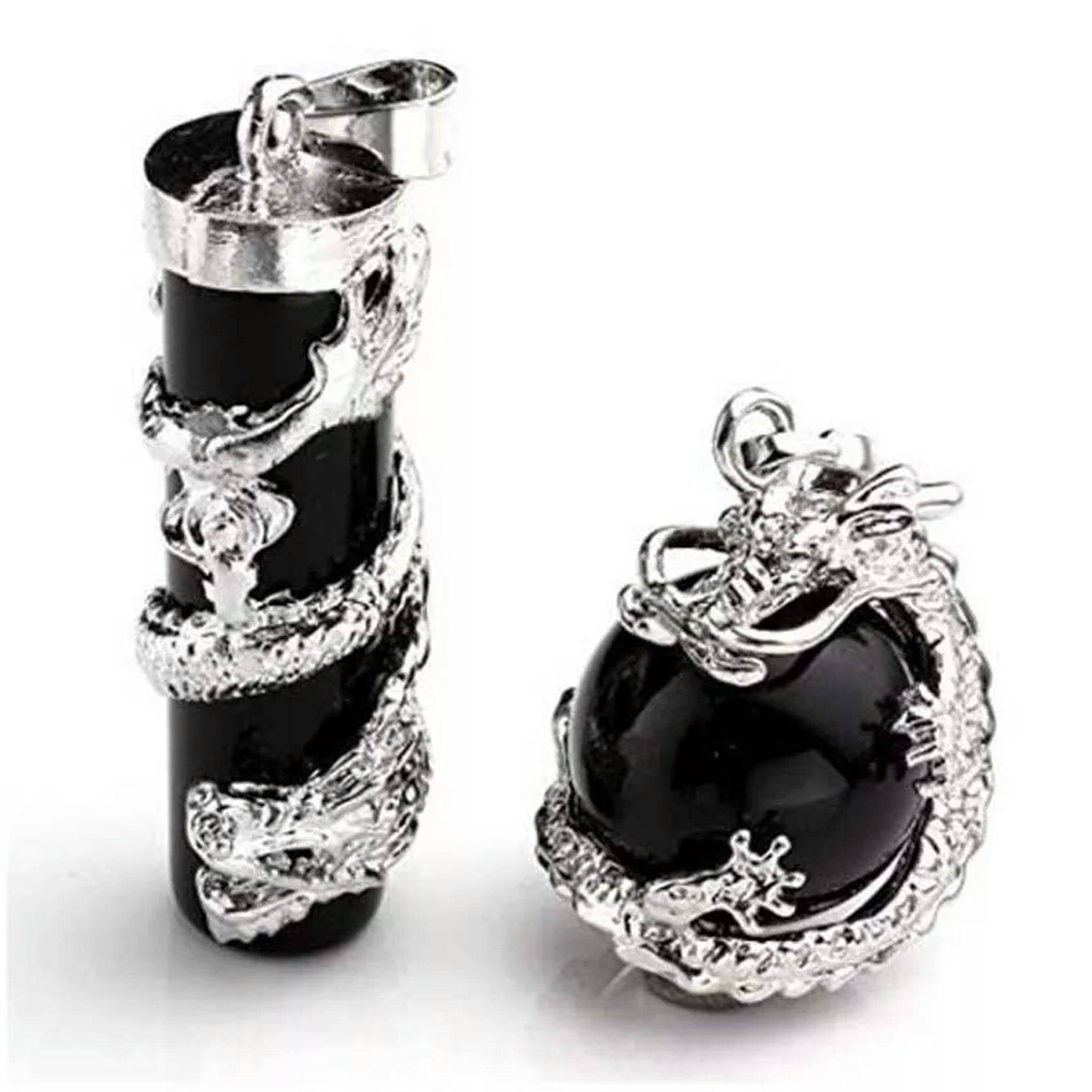 HOOUN 5sets Black Agate Stone Dragon Wrapped Ball Cylinder Gems Healing Pendants