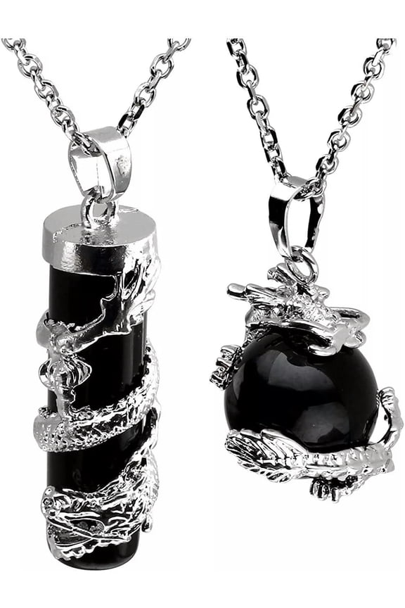 5sets Black Obsidian Stone Dragon Wrapped Ball Cylinder Gems Healing Necklace