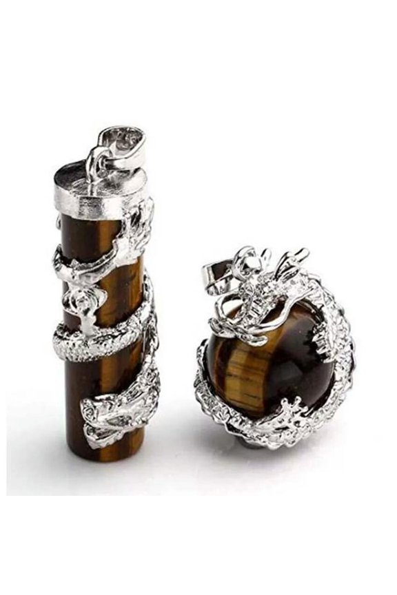 5sets Tiger Eye Stone Dragon Wrapped Ball Cylinder Gems Healing Pendants