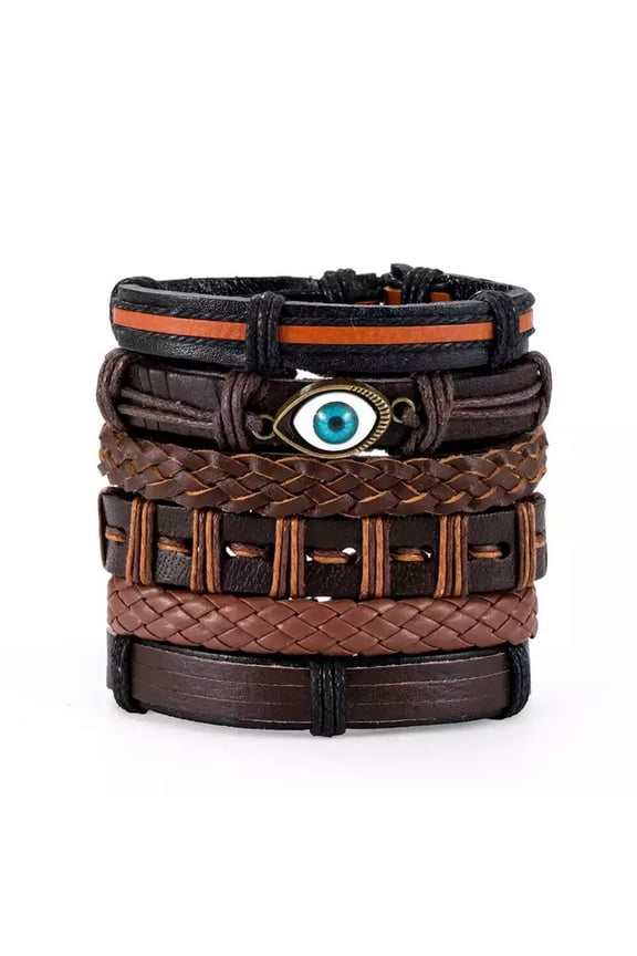6Pcs/Set Turkish Evil Eye Punk Leather Bracelet Wrist Cuff Bangle Adjustable