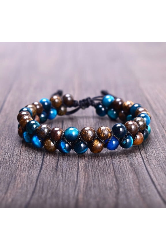 6mm Blue Tiger Eye Bronzite Stone Beads Double Layer Braided Men Bracelet Bangle-1#
