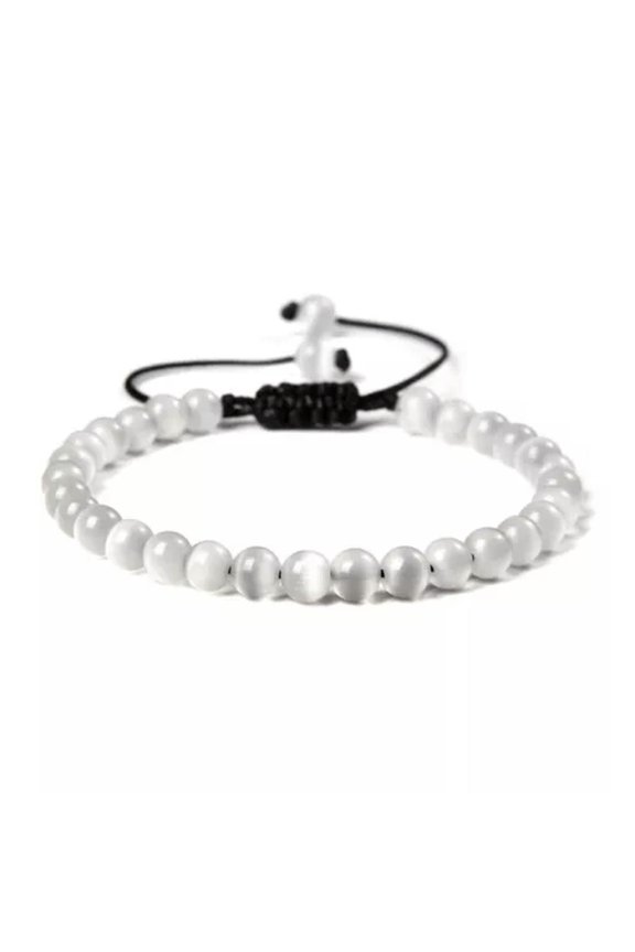 6mm Handmade Natural Gemstone Braided Knot Stone Bead Bracelet Rope Adjustable -05 white cat's eye