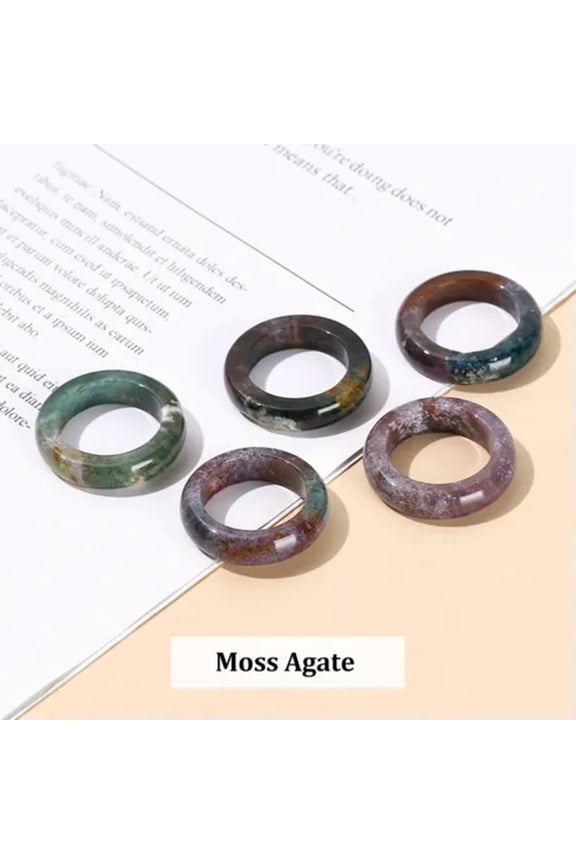 6mm Natural Crystal Chalcedony Gemstone Ring Men Women Finger Circle Round Ring-5PCS (Random Pick)-Moss Agate