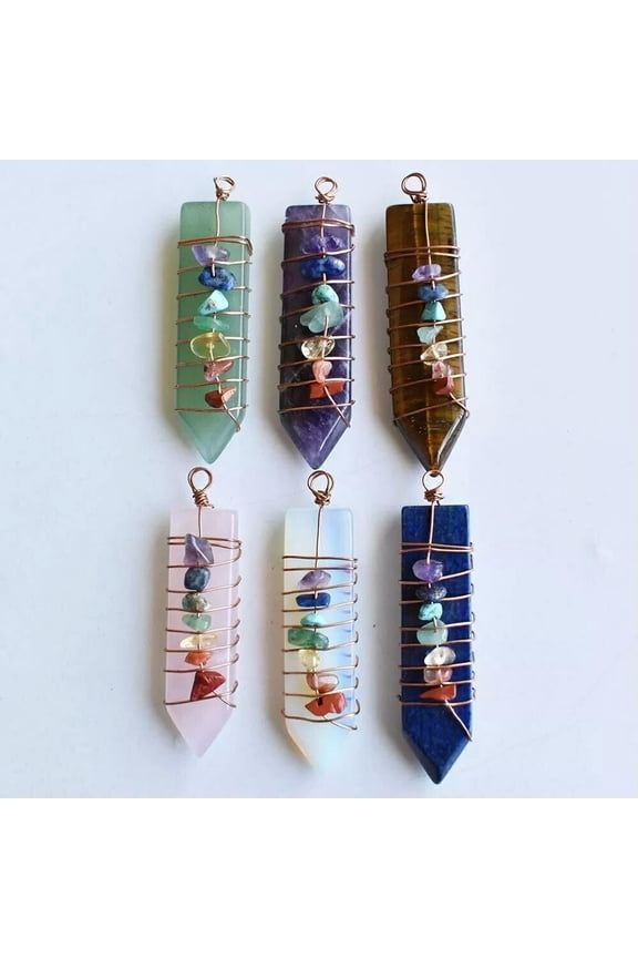 6pcs Natural Gems Crystal Quartz 7 Chakra Pendants Sword Reiki Healing Amulet