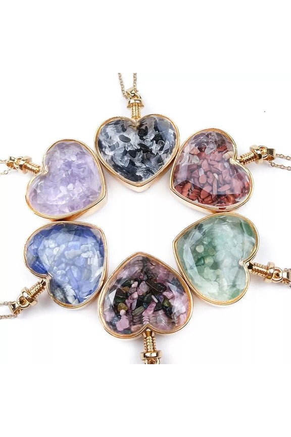 6pcs Natural Healing Stone Chips Crystal Heart Wishing Bottle Pendant Necklace