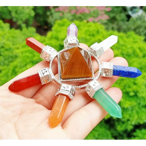 HOOUN 6pcs Rose Quartz 7 Chakra Stone Pendulum Prism Magic Wand Reiki Healing Amulet