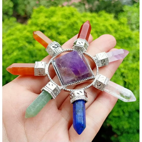 HOOUN 6pcs Rose Quartz 7 Chakra Stone Pendulum Prism Magic Wand Reiki Healing Amulet