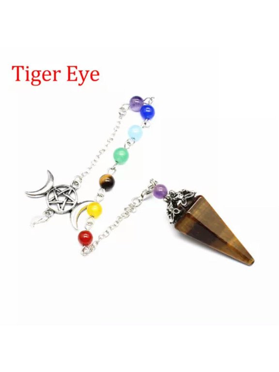 7 Chakra Beads Natural Stone Crystal Pendulum Hexagonal Reiki Healing Pendant-Tiger Eye (Style 2)