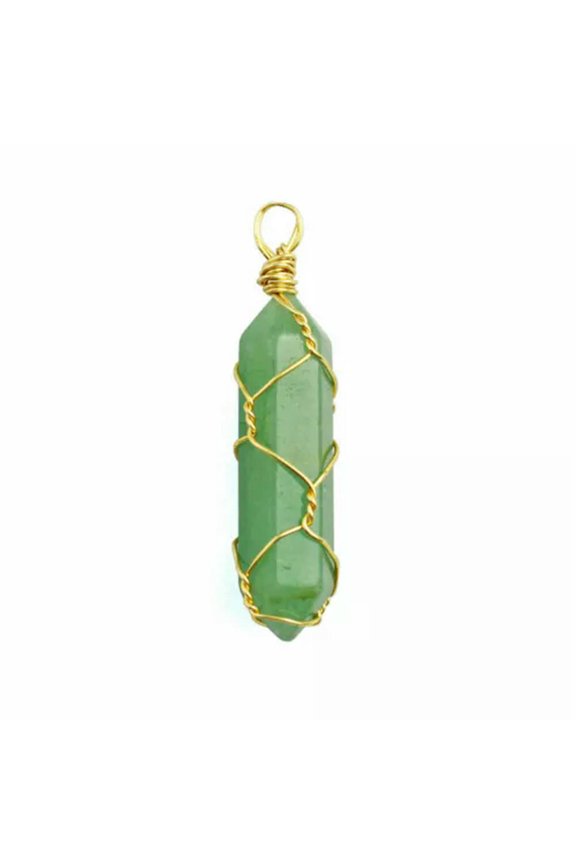 7 Chakra Pendant Wire Wrapped Gemstone Stone Crystal Quartz Point Hexagonal-Aventurine-Gold