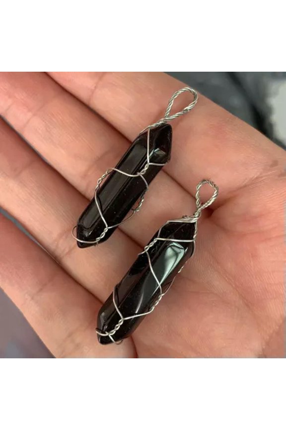 7 Chakra Pendant Wire Wrapped Gemstone Stone Crystal Quartz Point Hexagonal-Obsidian-Silver